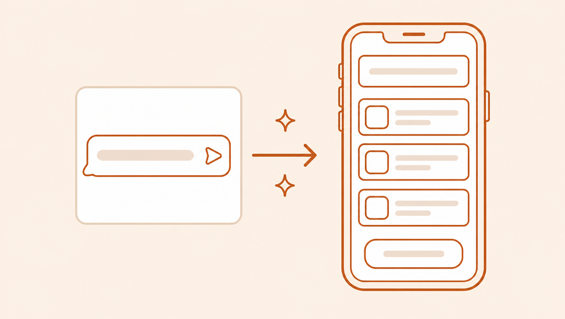 A chat prompt on the left turning, by way of a copper arrow, into a finished phone app with list rows and an action button