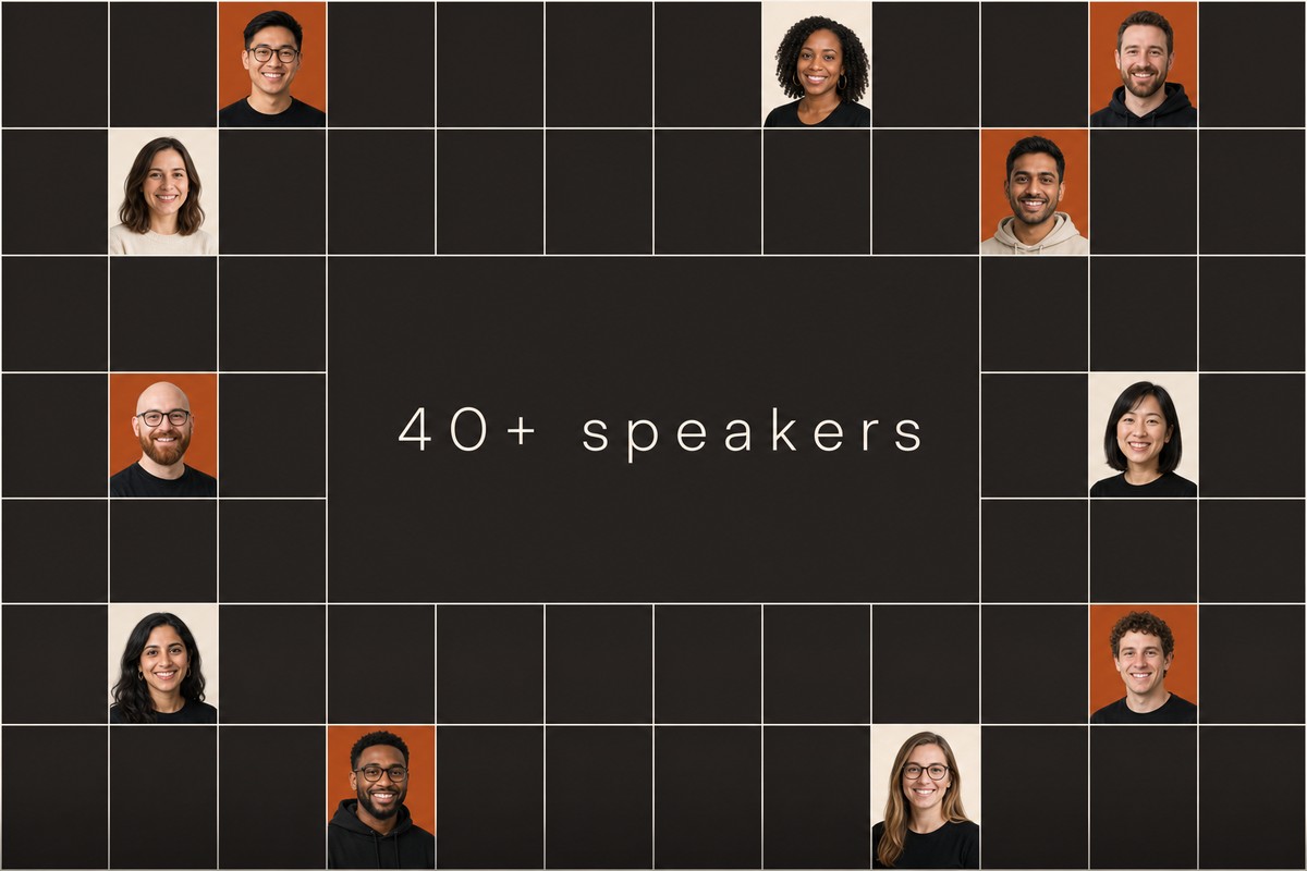 A tiled mosaic of ForgeConnect speaker headshots with the words 40+ speakers set across the middle