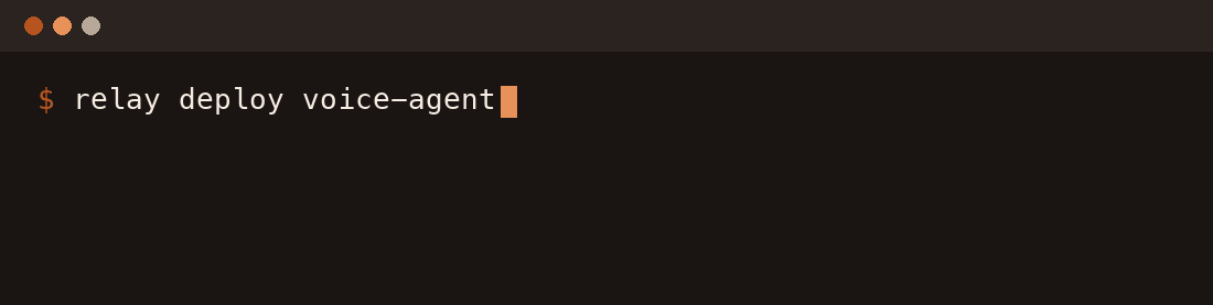 An animated terminal typing relay deploy voice-agent, then reporting that the agent is live
