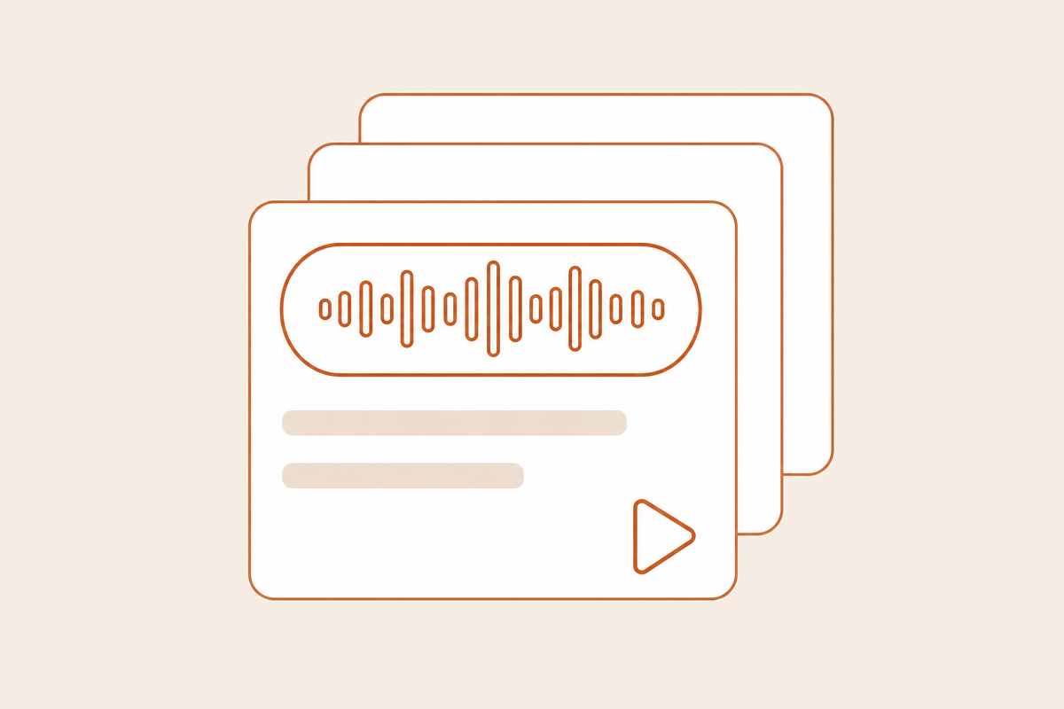 A fanned stack of three example agent cards, the front one showing a waveform and a play control