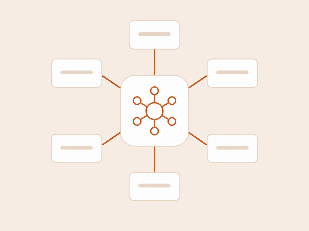 A central hub tile connected by short leads to six small service tiles arranged in a ring