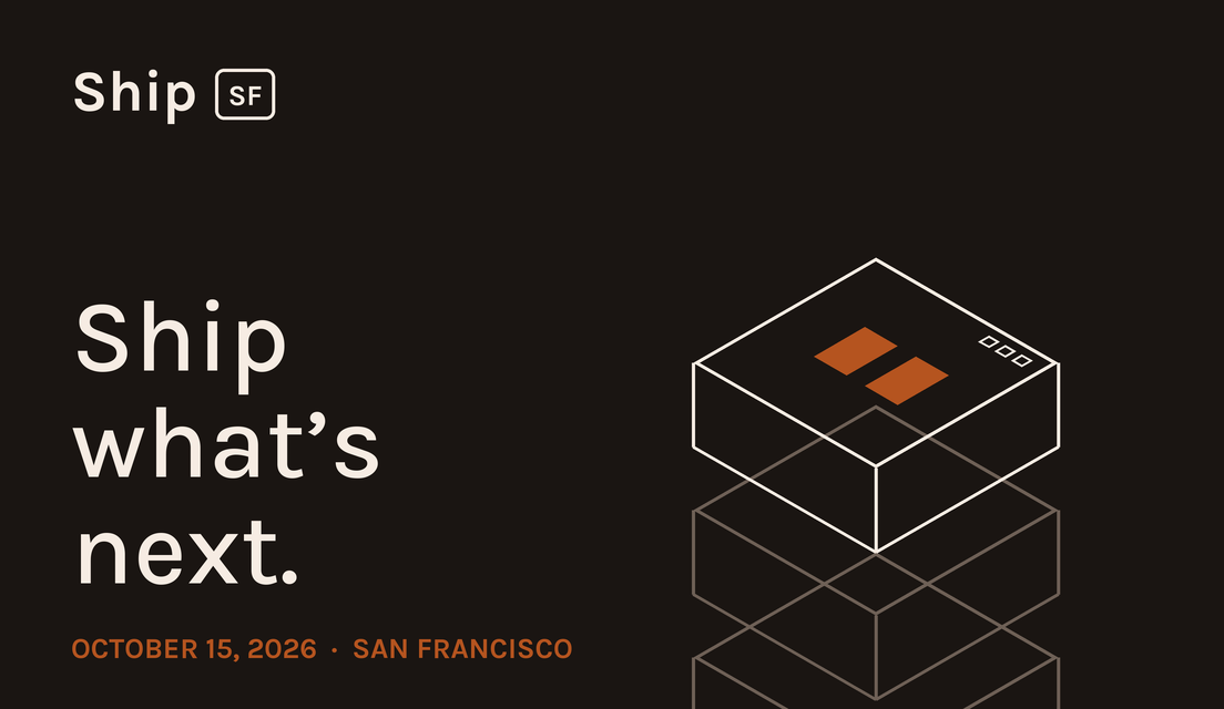 Sableforge Ship SF: Ship what's next. October 15, 2026, San Francisco. A dark plate with an isometric stack of wireframe slabs
