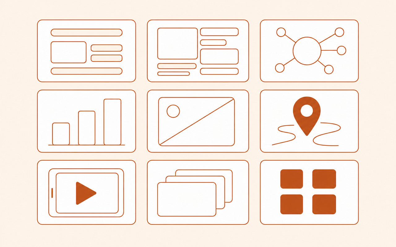 A grid of abstract project tiles from the Showcase gallery: cards holding placeholder bars, simple line diagrams, and copper accent shapes